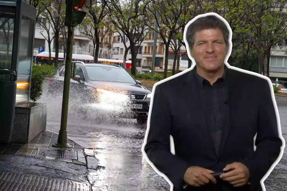 Muntatge amb Mario Picazo en primer pla i un cotxe travessant un toll d'aigua de pluja