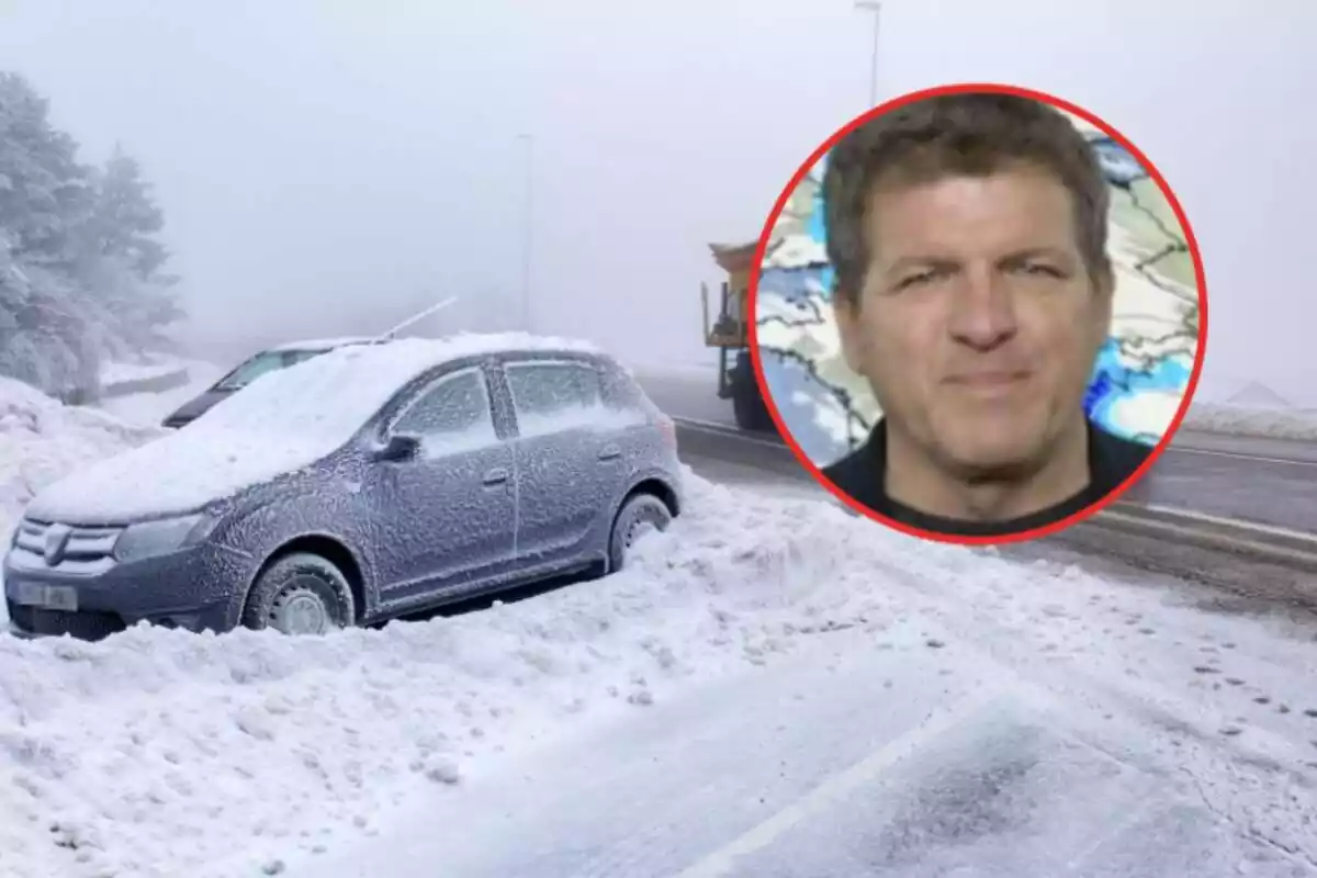 Muntatge amb un cotxe atrapat a una carretera nevada i un cercle amb la cara de Mario Picazo