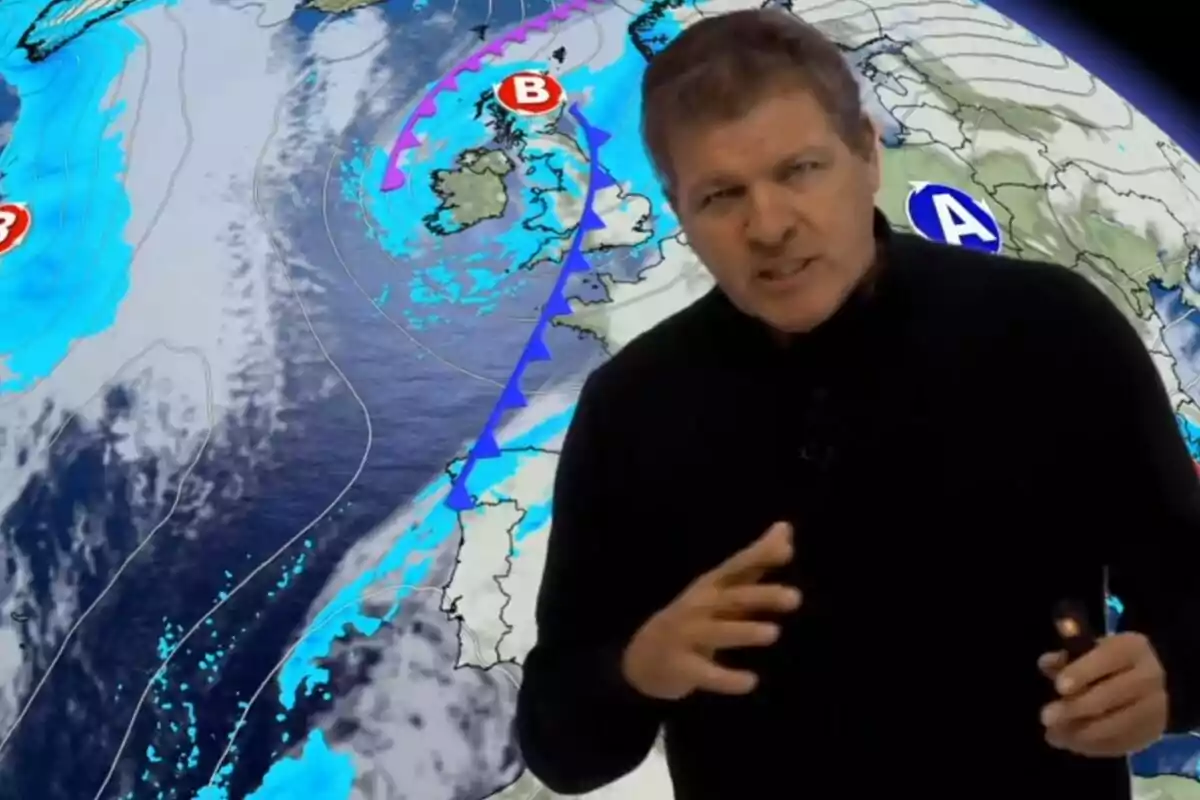 Mario Picazo presenta un informe meteorológico frente a un mapa del clima que muestra sistemas de alta y baja presión.