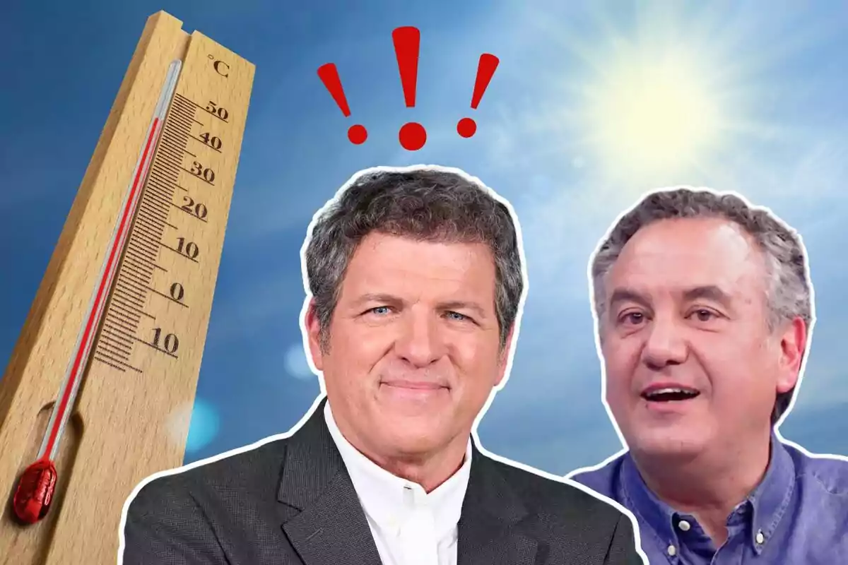 Roberto Brasero i Mario Picazo amb expressions sorpreses al costat d'un termòmetre que mostra una alta temperatura i un sol brillant al fons.