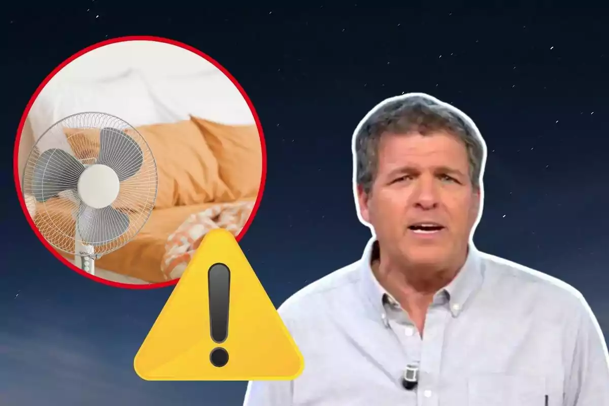 Home parlant amb expressió seriosa al costat d’un ventilador en una habitació i un símbol d’advertència groc
