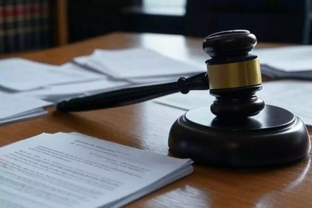 A judge's gavel on a wooden table surrounded by several legal documents