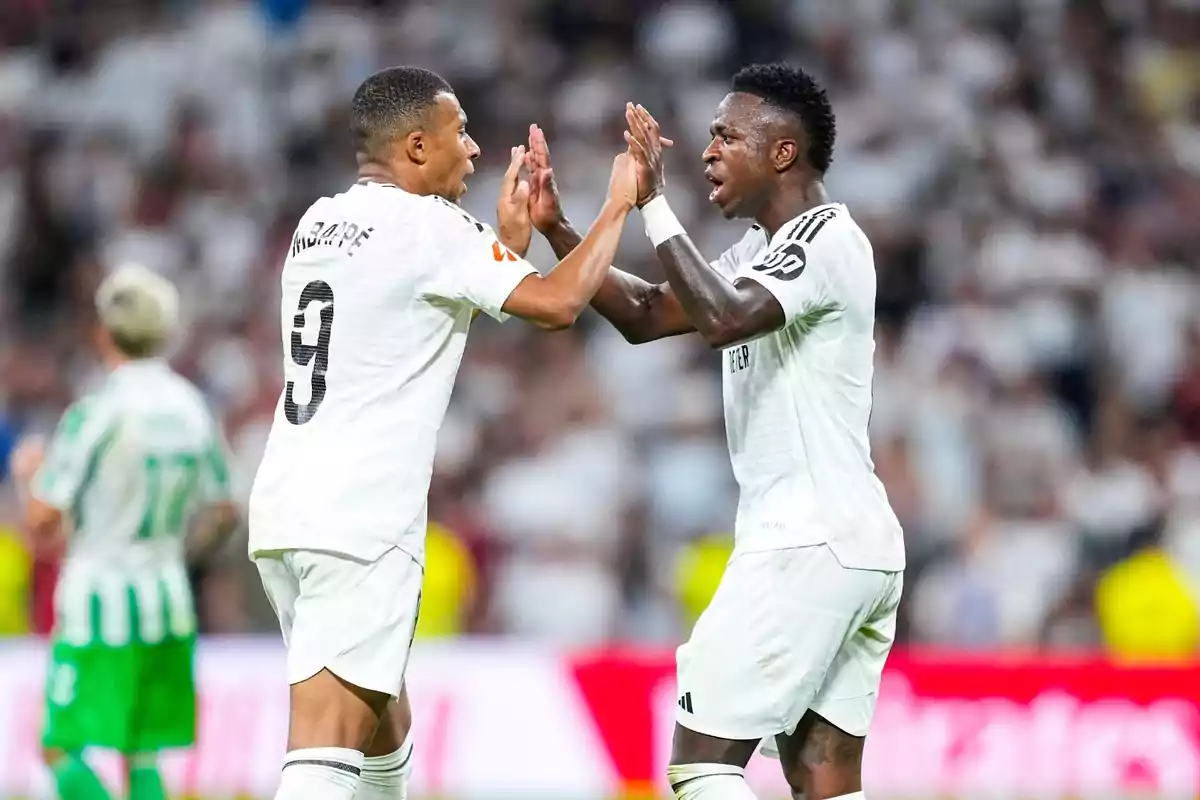 Two soccer players in white uniforms celebrate on the field during a match. Two soccer players in white uniforms celebrate on the field during a match.