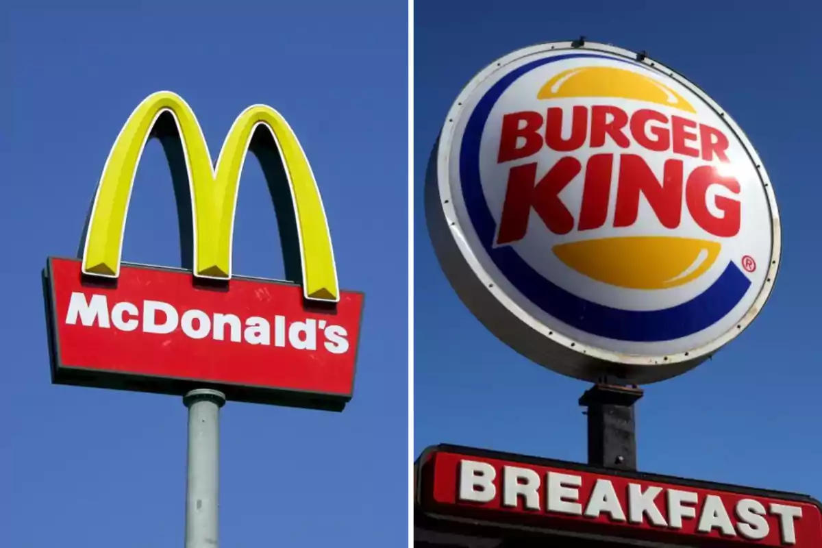 McDonald's and Burger King logos on a blue sky background. McDonald's and Burger King logos on a blue sky background.