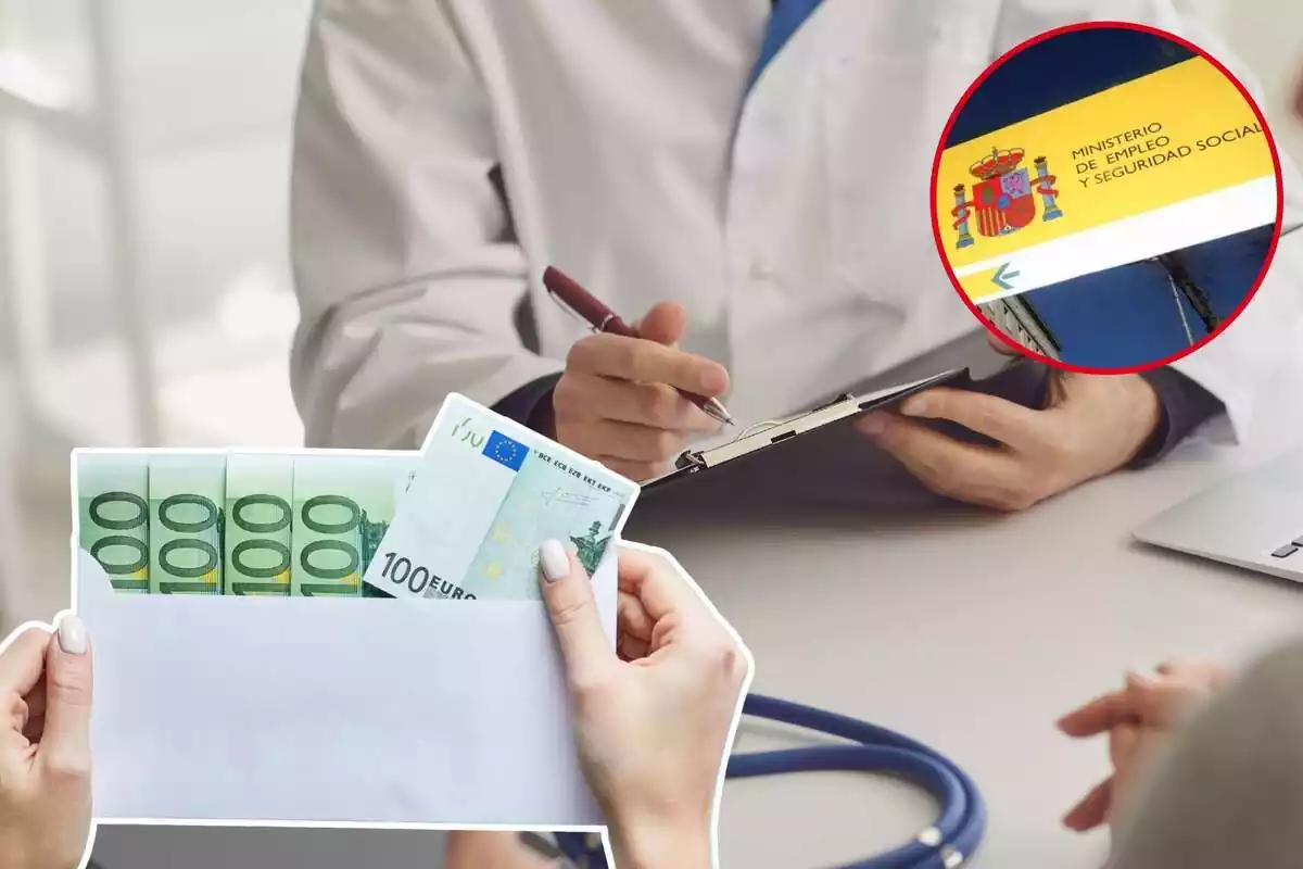 Imatge de fons d'un metge amb una altra de diversos bitllets de 100 euros en un sobre i una altra d'un cartell de la Seguretat Social