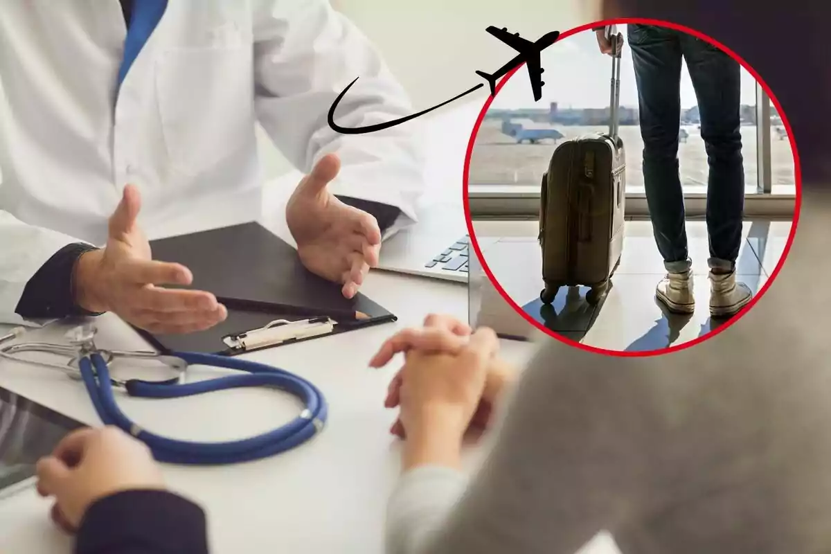 Imatge de fons d'una consulta mèdica, amb un metge i una pacient asseguts a una taula amb una altra imatge d'una persona a un aeroport amb una maleta