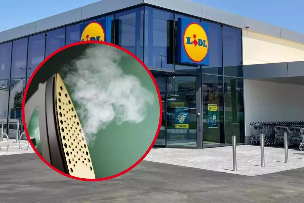 Planxa desprenent vapor en cercle vermell sobre fons d'exterior del Lidl