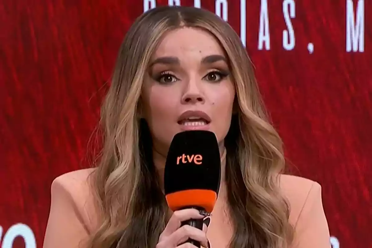 Melody amb cabell llarg i ondulat sosté un micròfon negre amb el logotip de rtve mentre parla davant d’un fons vermell durant la roda de premsa d’Eurovisió. Melody amb cabell llarg i ondulat sosté un micròfon negre amb el logotip de rtve mentre parla davant d’un fons vermell durant la roda de premsa d’Eurovisió.