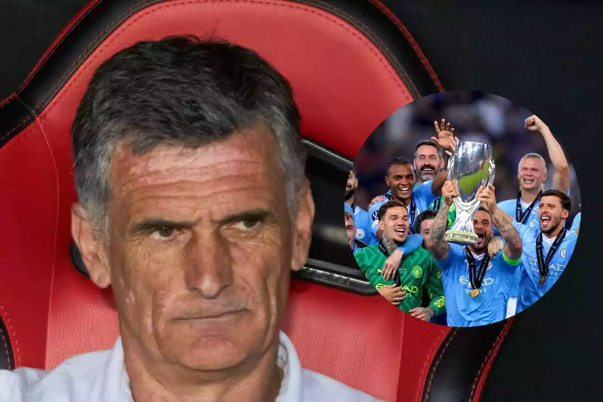 Muntatge de José Luis Mendilibar assegut en una banqueta observant al Manchester City aixecant la Supercopa d'Europa