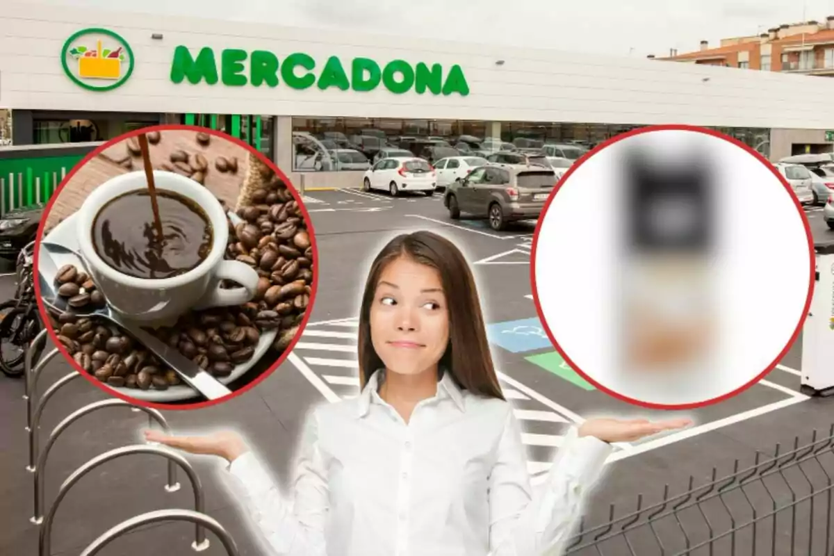 Una dona indecisa amb una tassa de cafè i un producte borrós en un aparcament de Mercadona.