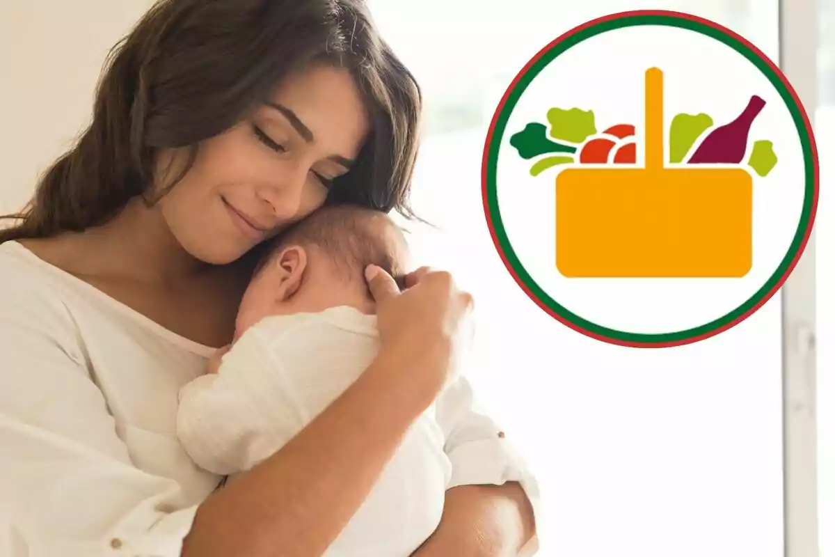 Una madre abrazando a su bebé con un ícono de una canasta de alimentos al lado. Una madre abrazando a su bebé con un ícono de una canasta de alimentos al lado.