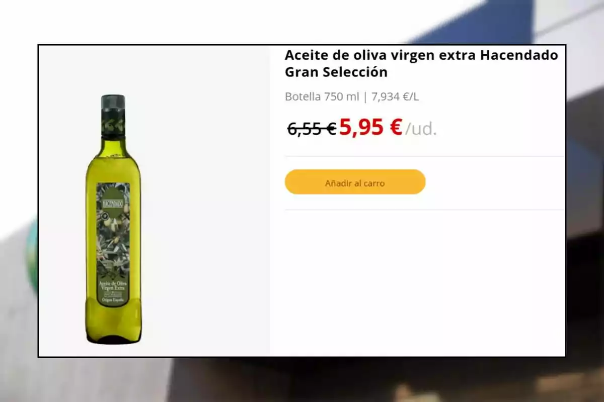 Ampolla d'oli d'oliva verge extra Hacendado Gran Selecció amb preu reduït a 5,95 euros. Ampolla d'oli d'oliva verge extra Hacendado Gran Selecció amb preu reduït a 5,95 euros.