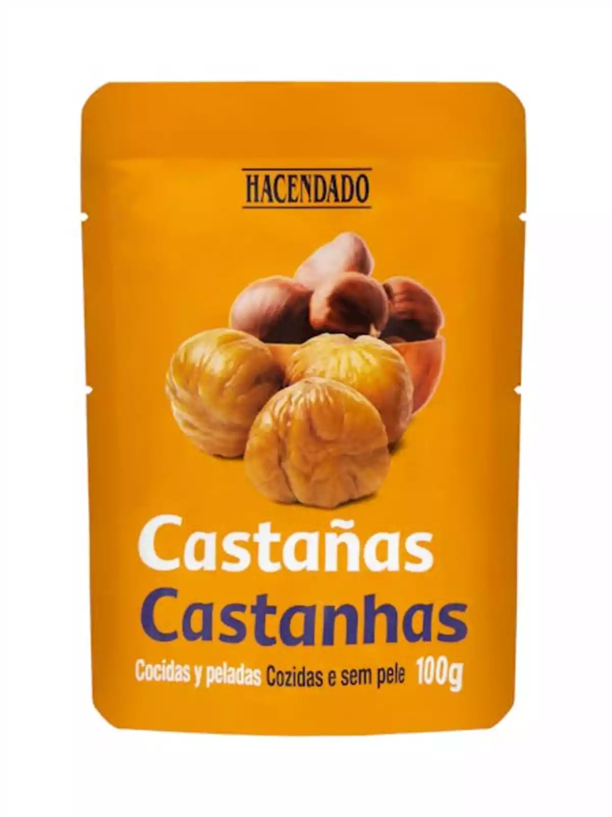 Paquet de castanyes cuites i pelades de la marca Hacendado, 100g.