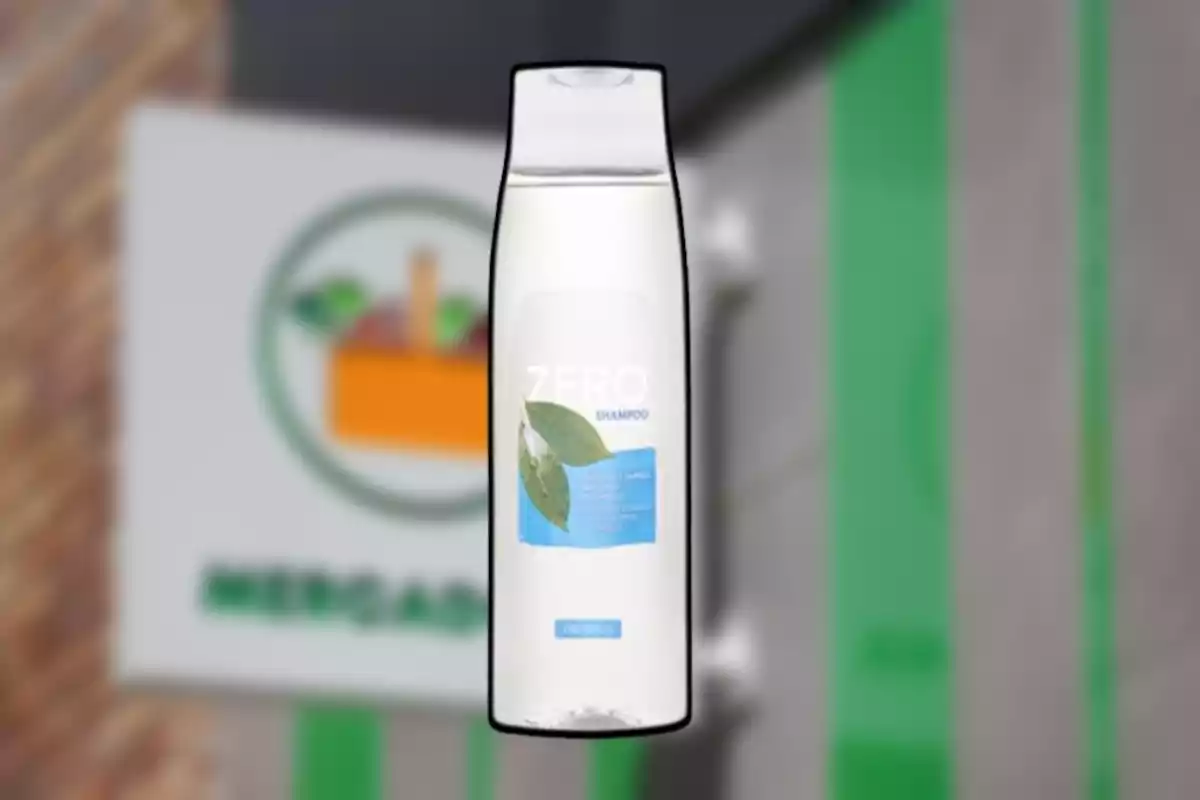 Ampolla de xampú transparent amb etiqueta blava i verda davant d'un fons desenfocat. Ampolla de xampú transparent amb etiqueta blava i verda davant d'un fons desenfocat.