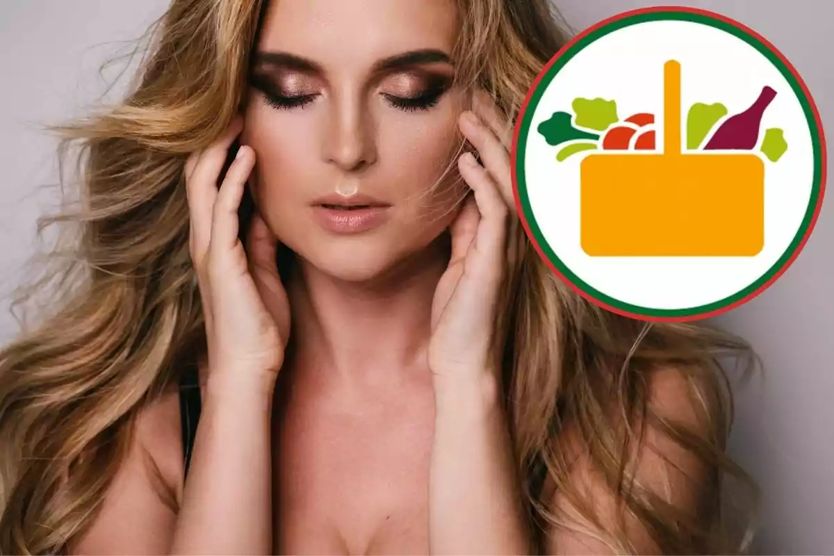 Mujer con maquillaje elegante y cabello suelto, junto a un icono de cesta de compras con alimentos. Mujer con maquillaje elegante y cabello suelto, junto a un icono de cesta de compras con alimentos.