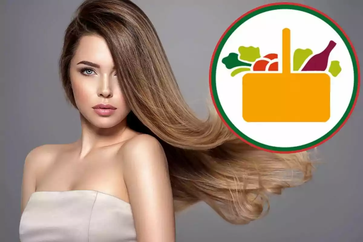 Una dona amb cabell llarg i solt al costat d'una icona de cistella de la compra amb aliments.