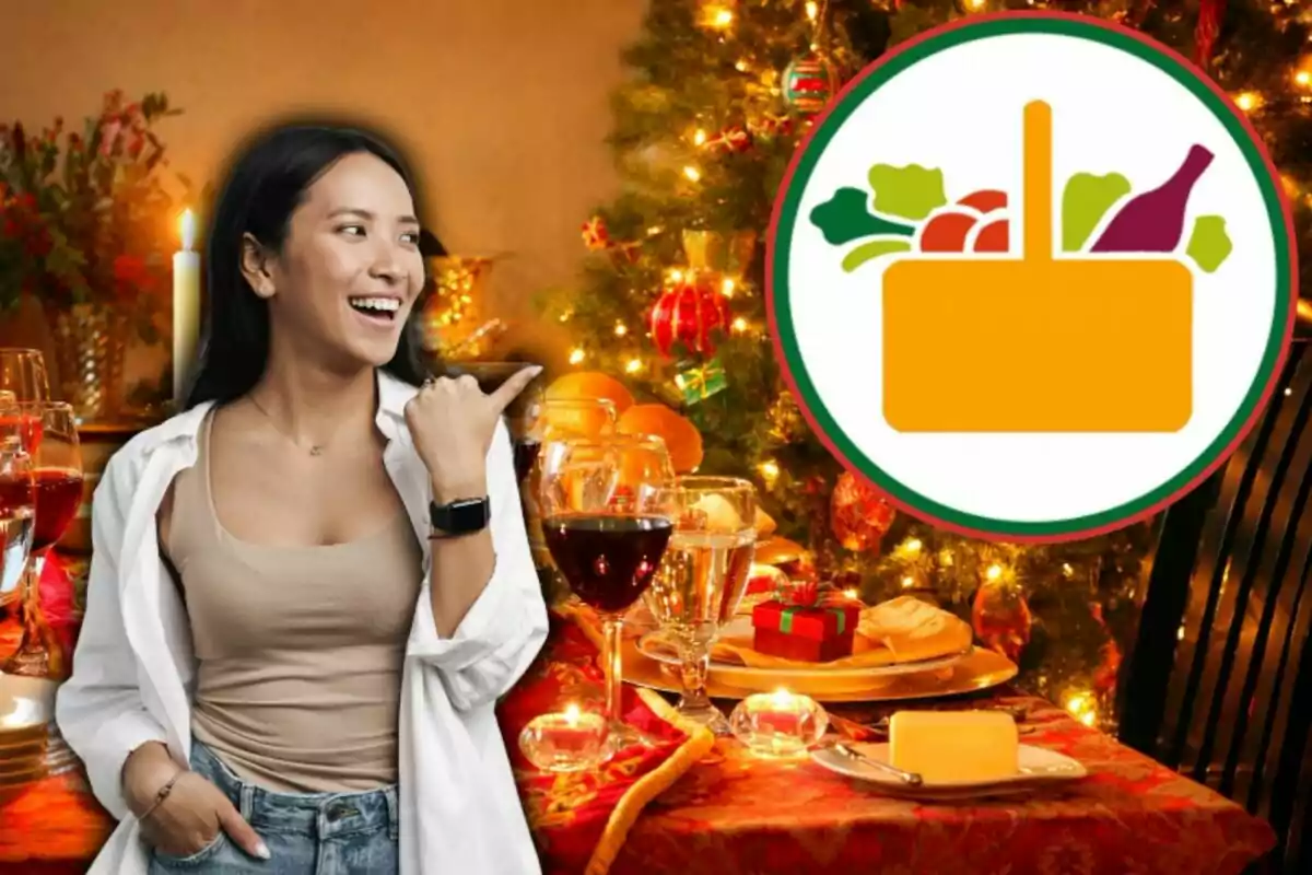 Una dona somrient assenyala una icona de cistella d'aliments sobre una taula decorada per a Nadal. Una dona somrient assenyala una icona de cistella d'aliments sobre una taula decorada per a Nadal.
