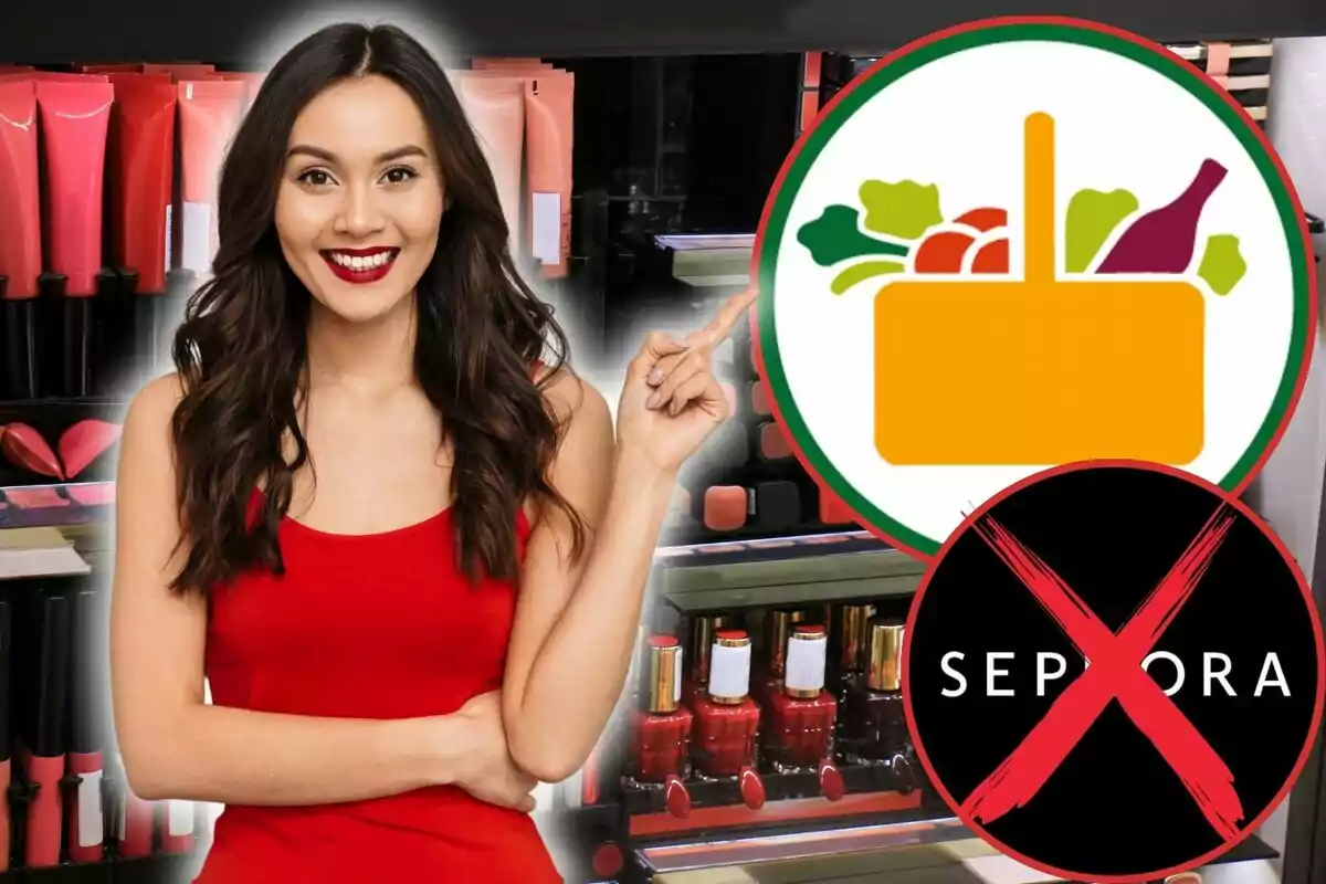 Una dona somrient amb un vestit vermell assenyala un logotip de supermercat mentre està envoltada de productes de maquillatge.