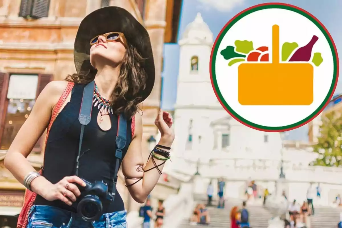 Mujer con sombrero y cámara en un entorno urbano con un ícono de cesta de alimentos en la esquina.