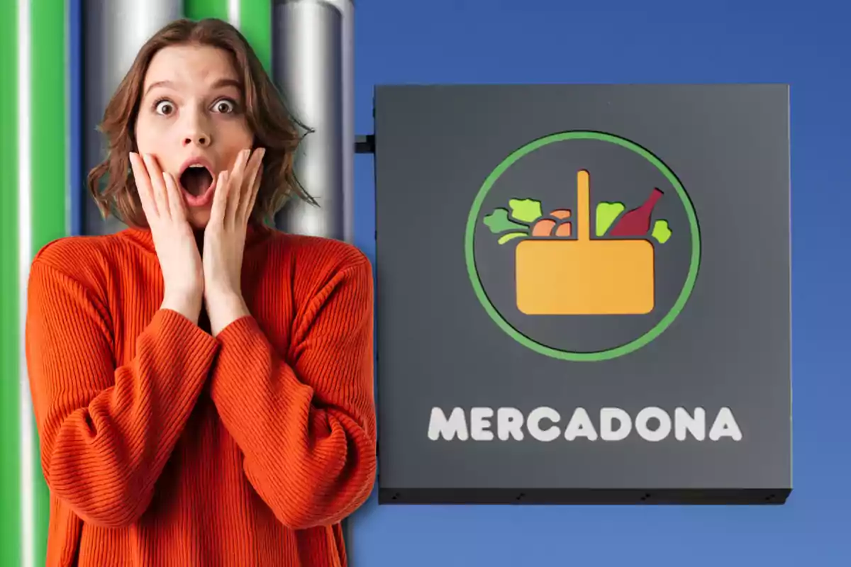 Una persona amb expressió de sorpresa és al costat d'un cartell de Mercadona.