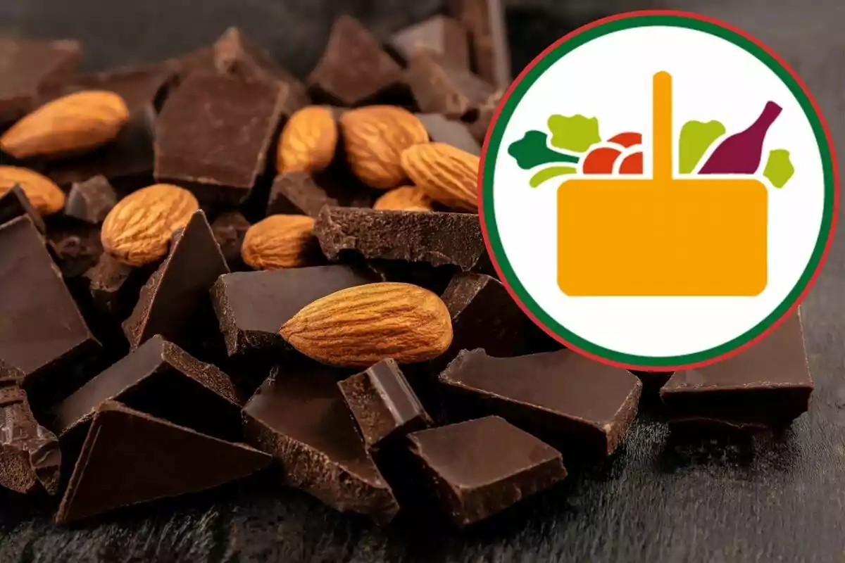 Dark chocolate chunks with almonds and a food basket logo. Dark chocolate chunks with almonds and a food basket logo.