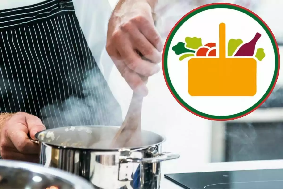 Una persona cuina en una olla mentre es mostra un logotip d'aliments amb un cistell ple de verdures i una ampolla.