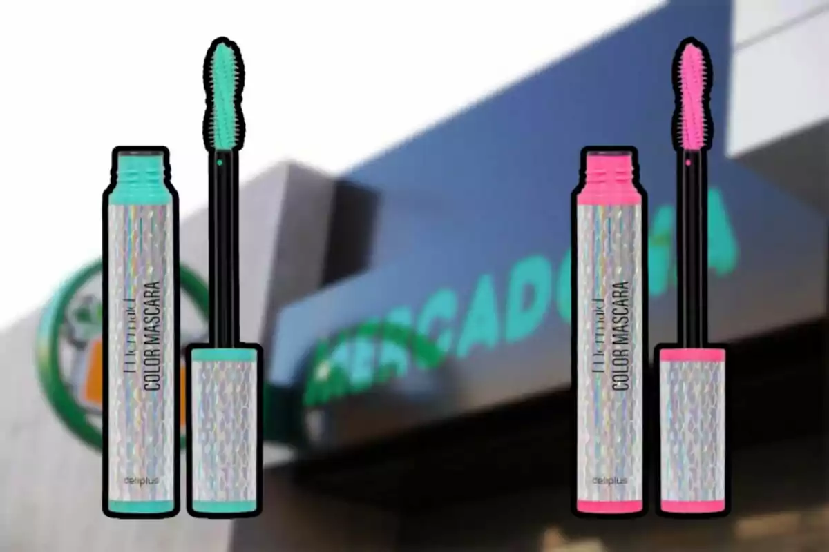 Dos màscares de pestanyes de colors, una verda i una altra rosa, amb un fons desenfocat d'un edifici. Dos màscares de pestanyes de colors, una verda i una altra rosa, amb un fons desenfocat d'un edifici.
