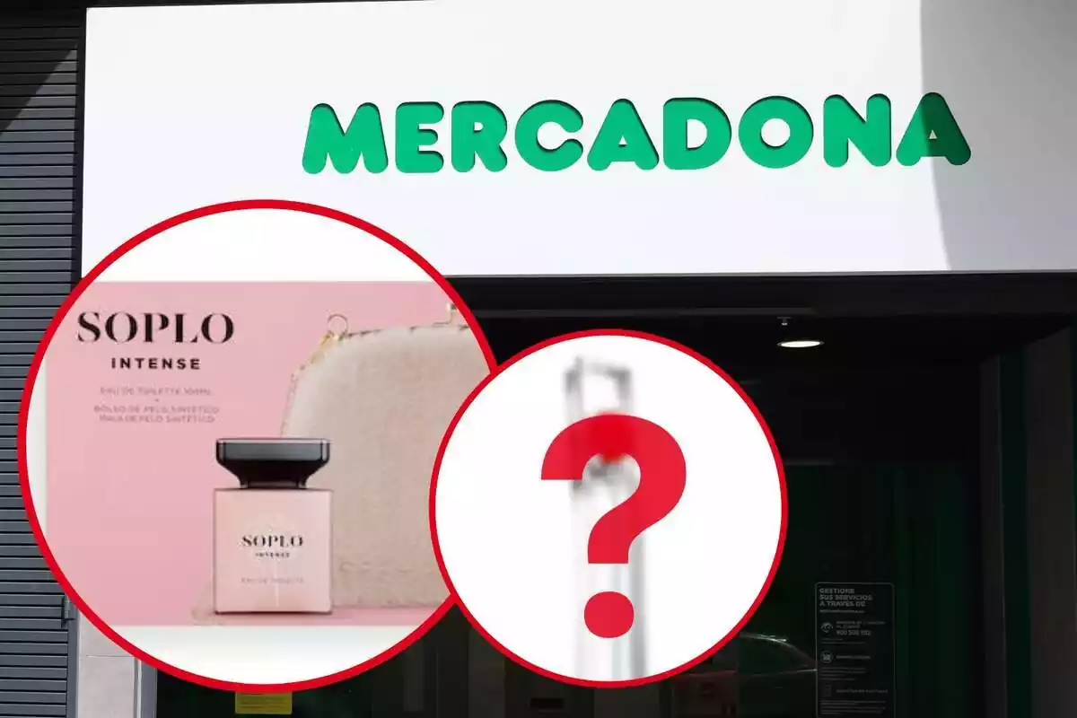 Imatge de fons d'una botiga Mercadona amb dues més, una d'un perfum venut a Mercadona, Soplo, i una altra d'un perfum de Kenzo difuminat i amb un interrogant davant