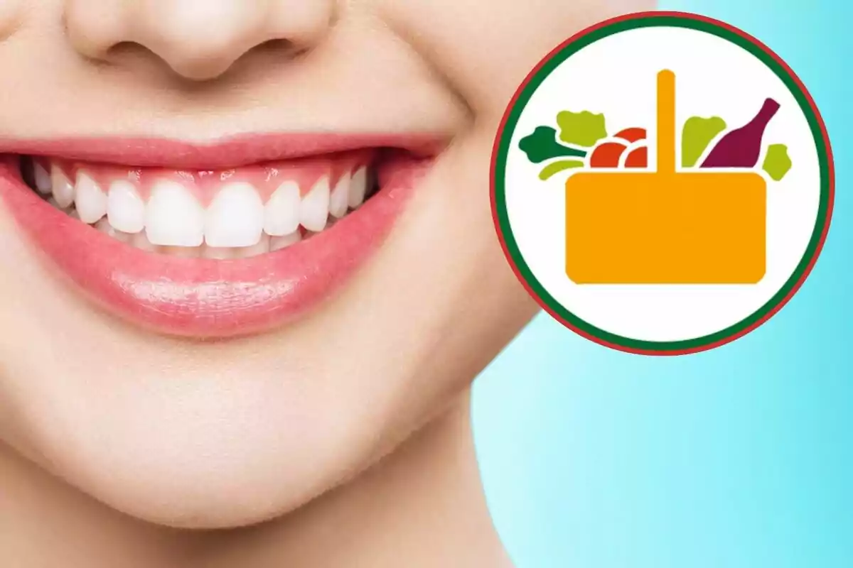 Un somriure amb dents blanques amb una icona d'una cistella d'aliments. Un somriure amb dents blanques amb una icona d'una cistella d'aliments.