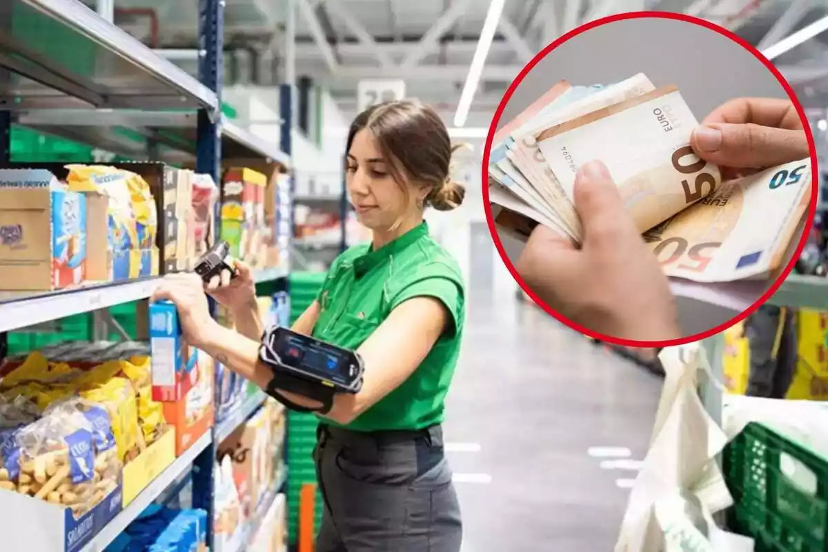 Imatge de fons d'una treballadora de Mercadona en un magatzem amb una altra imatge d'unes mans amb bitllets d'euros diversos