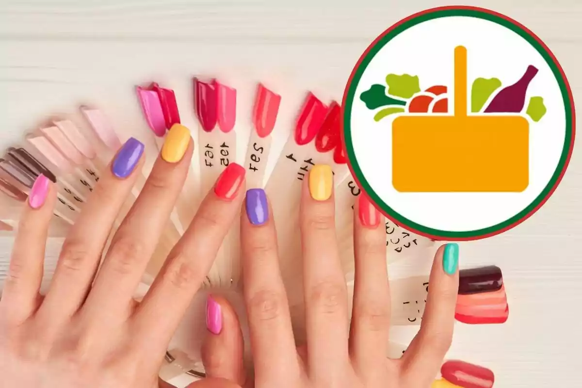 Hands with nails painted in different colors next to a sample of nail polish and an icon of a shopping basket.