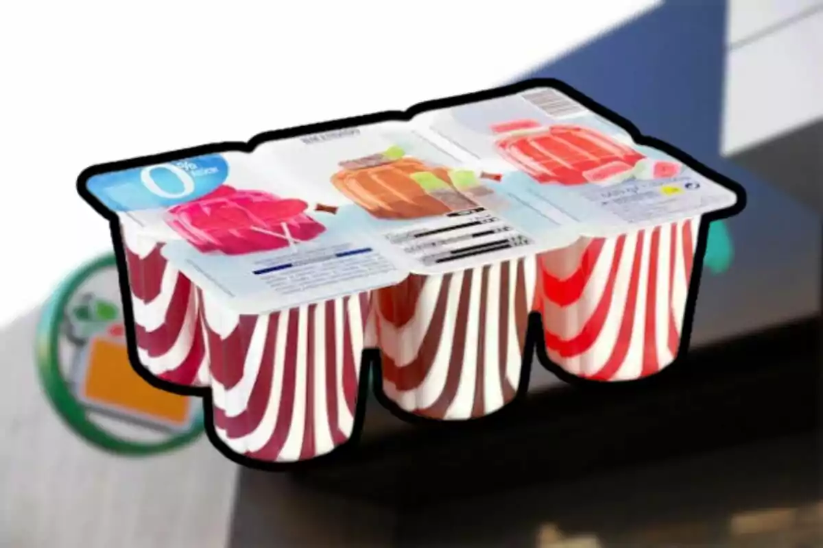 Paquete de yogures con diseño de rayas rojas y blancas sobre un fondo borroso.