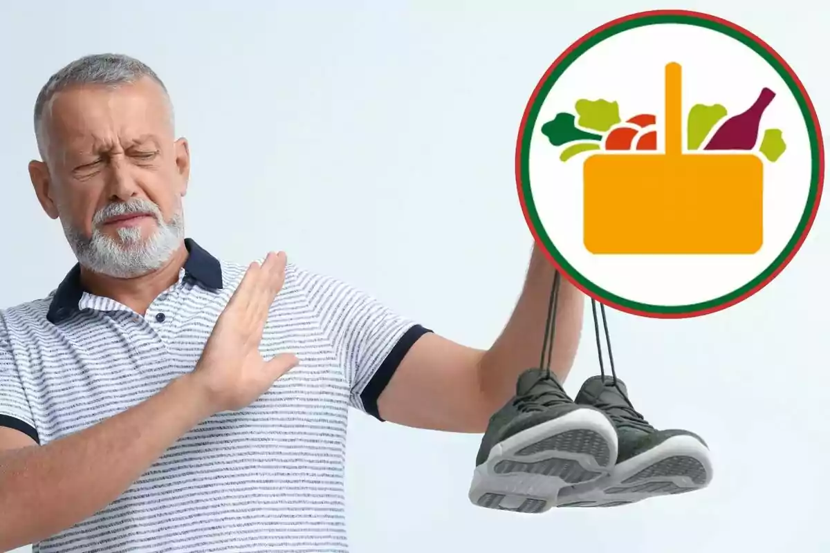 Home amb expressió de desgrat mentre sosté un parell de sabatilles esportives, amb un gràfic d'aliments en un cercle al costat. Home amb expressió de desgrat mentre sosté un parell de sabatilles esportives, amb un gràfic d'aliments en un cercle al costat.