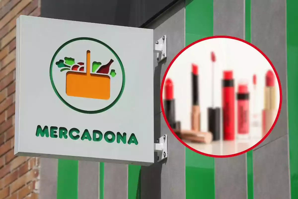 Rètol de Mercadona amb un cercle que mostra productes de maquillatge.