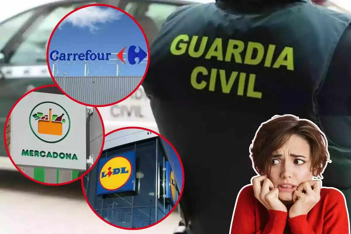 Imatge de fons d'un agent de la Guàrdia Civil d'esquena, i diverses imatges dels logos dels supermercats Mercadona, Lidl, Carrefour, amb una imatge d'una dona espantada