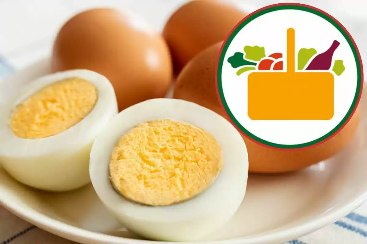 Huevos cocidos y crudos en un plato con un icono de alimentos. Huevos cocidos y crudos en un plato con un icono de alimentos.