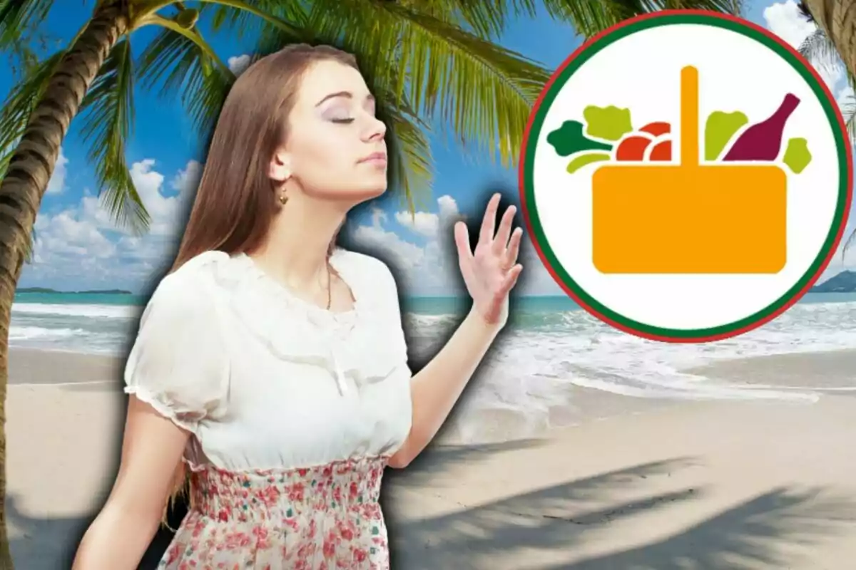 Una mujer con los ojos cerrados disfruta de la brisa en una playa tropical mientras un icono de cesta de picnic aparece a su lado. Una mujer con los ojos cerrados disfruta de la brisa en una playa tropical mientras un icono de cesta de picnic aparece a su lado.