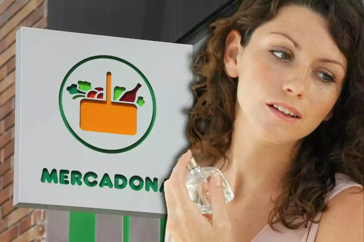 Una dona sostenint un pot de perfum al costat d'un cartell de Mercadona.