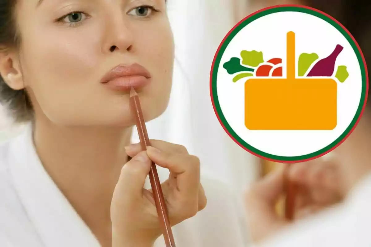 Una persona aplicant-se pintallavis davant d'un mirall amb un gràfic d'un cistell d'aliments al costat. Una persona aplicant-se pintallavis davant d'un mirall amb un gràfic d'un cistell d'aliments al costat.