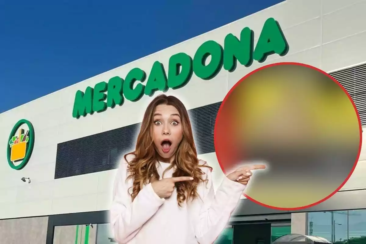 Dona sorpresa assenyalant un cercle borrós davant una botiga de Mercadona.