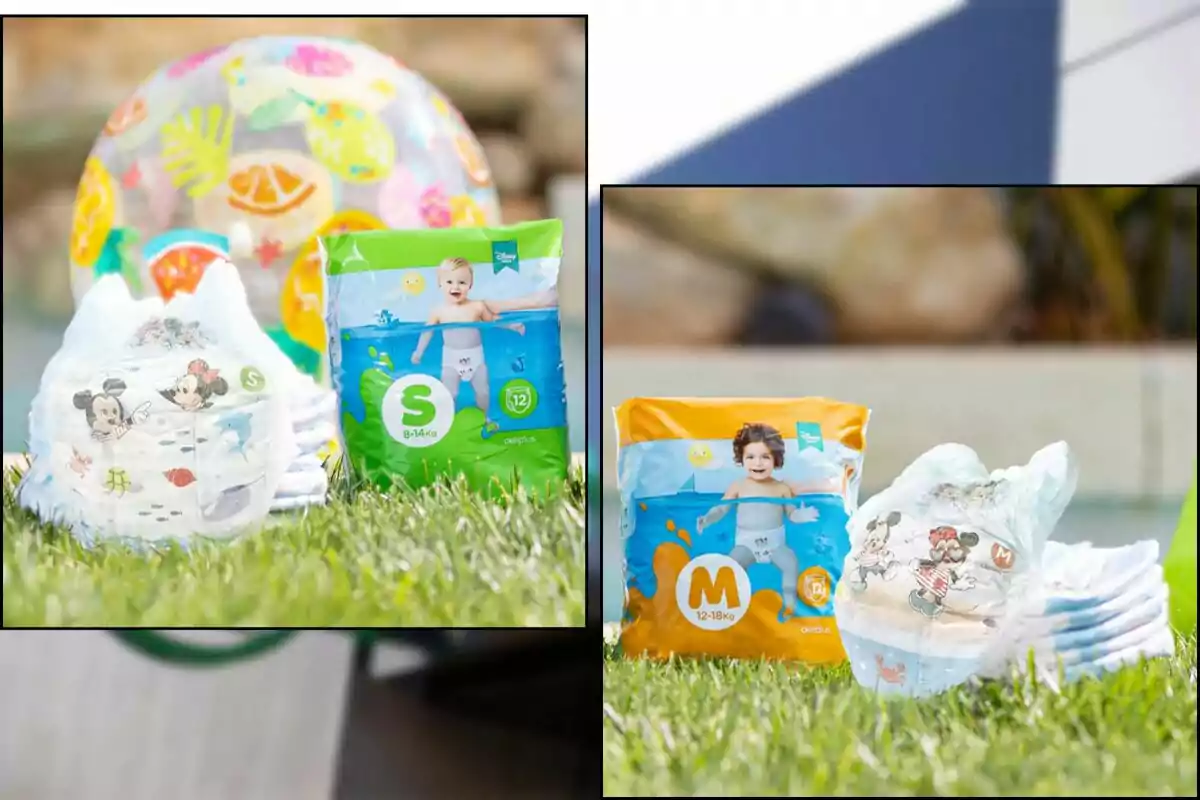 Paquets de bolquers per a nadó de diferents mides, amb dissenys de personatges animats, col·locats sobre gespa al costat d'una pilota inflable acolorida. Paquets de bolquers per a nadó de diferents mides, amb dissenys de personatges animats, col·locats sobre gespa al costat d'una pilota inflable acolorida.