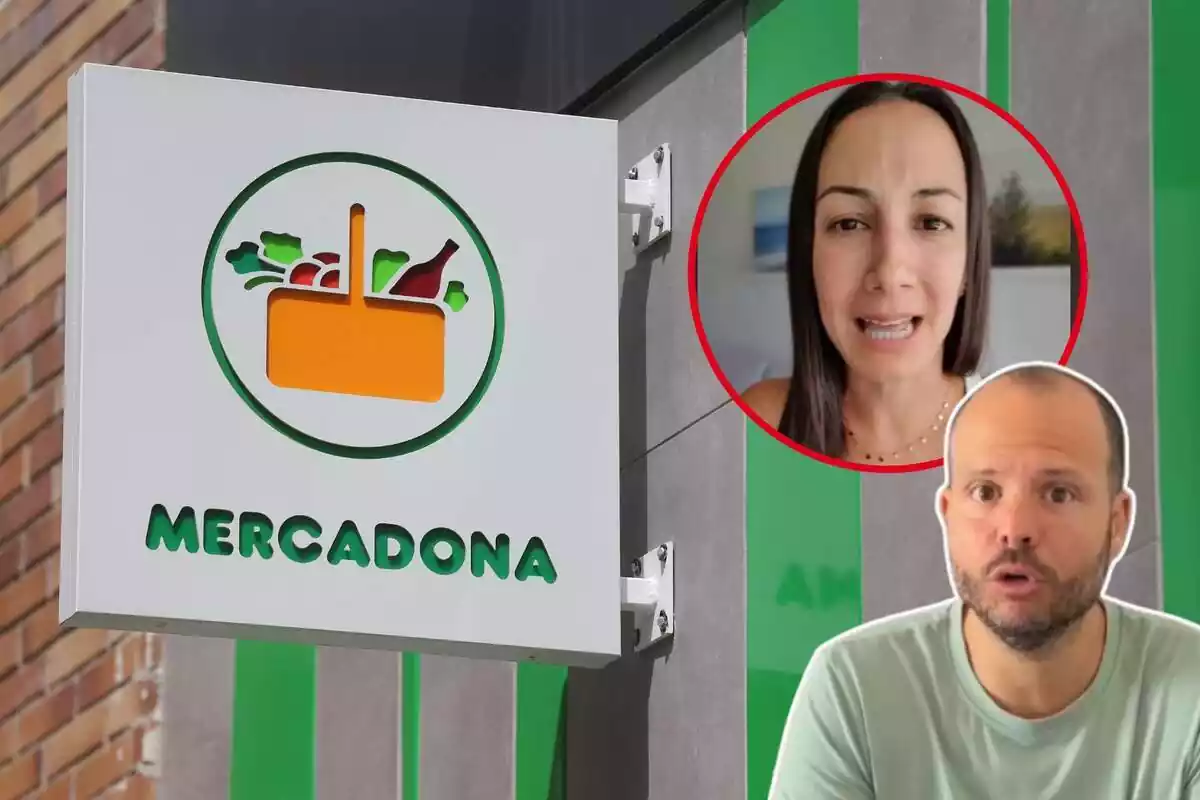 Imatge de fons d'un logotip d'una botiga Mercadona i dues imatges més de dos experts en nutrició