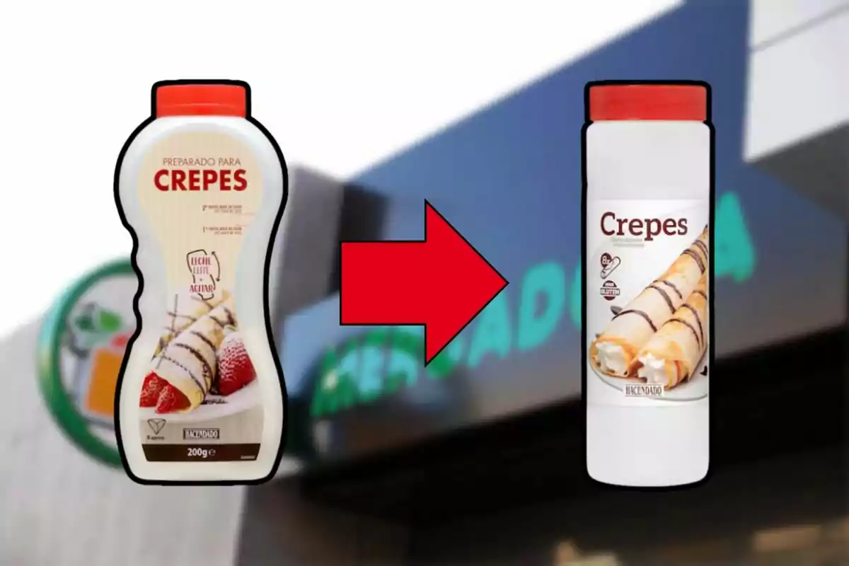 Dos envasos de preparat per a creps de la marca Hacendado amb un disseny diferent, un a l'esquerra i l'altre a la dreta, amb una fletxa vermella al centre indicant un canvi. Dos envasos de preparat per a creps de la marca Hacendado amb un disseny diferent, un a l'esquerra i l'altre a la dreta, amb una fletxa vermella al centre indicant un canvi.
