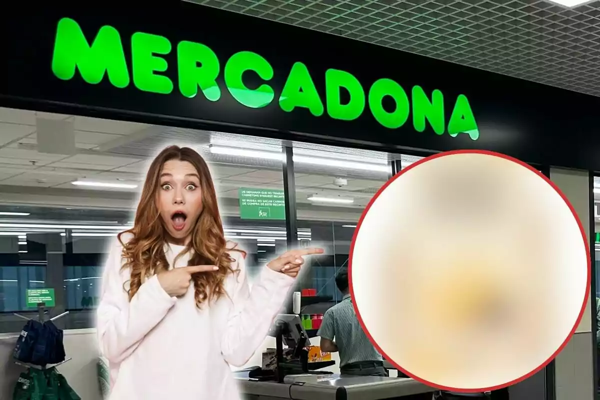 Una mujer sorprendida señala un círculo borroso frente a una tienda de Mercadona.