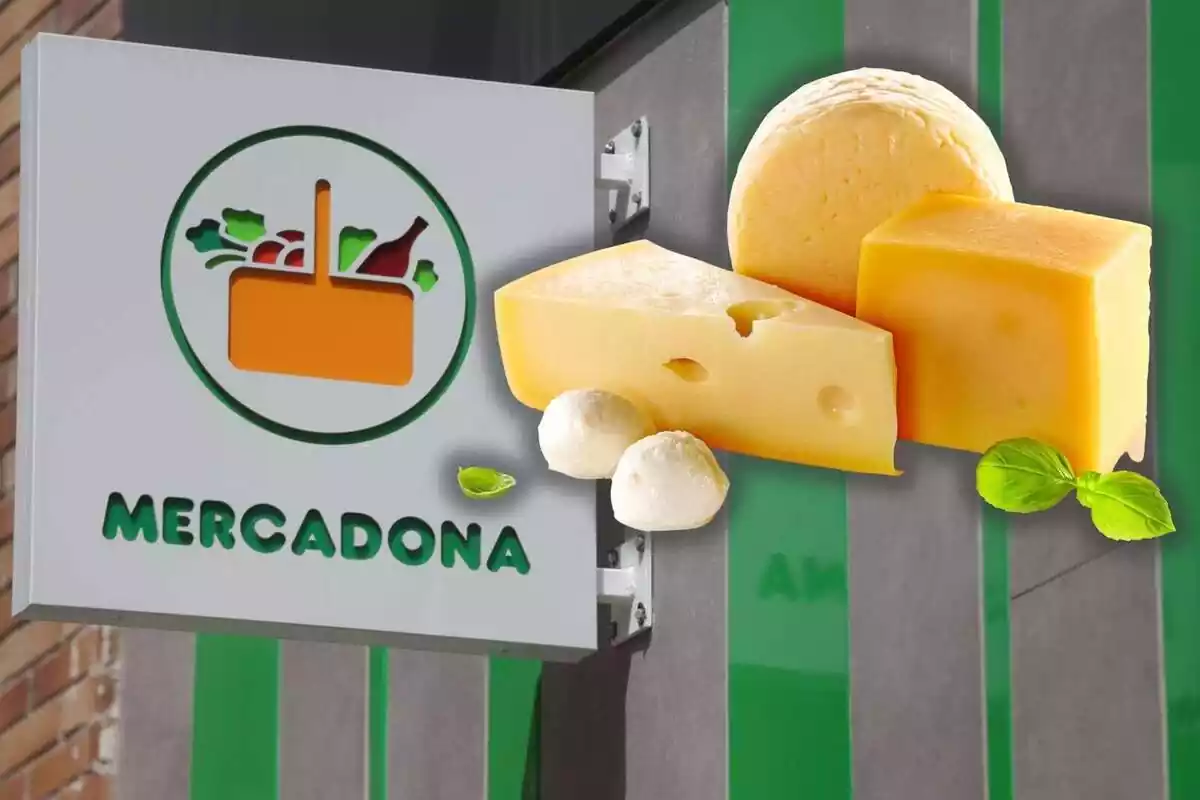 Muntatge d'una imatge de diversos formatges superposada a una altra del logotip d'una botiga Mercadona