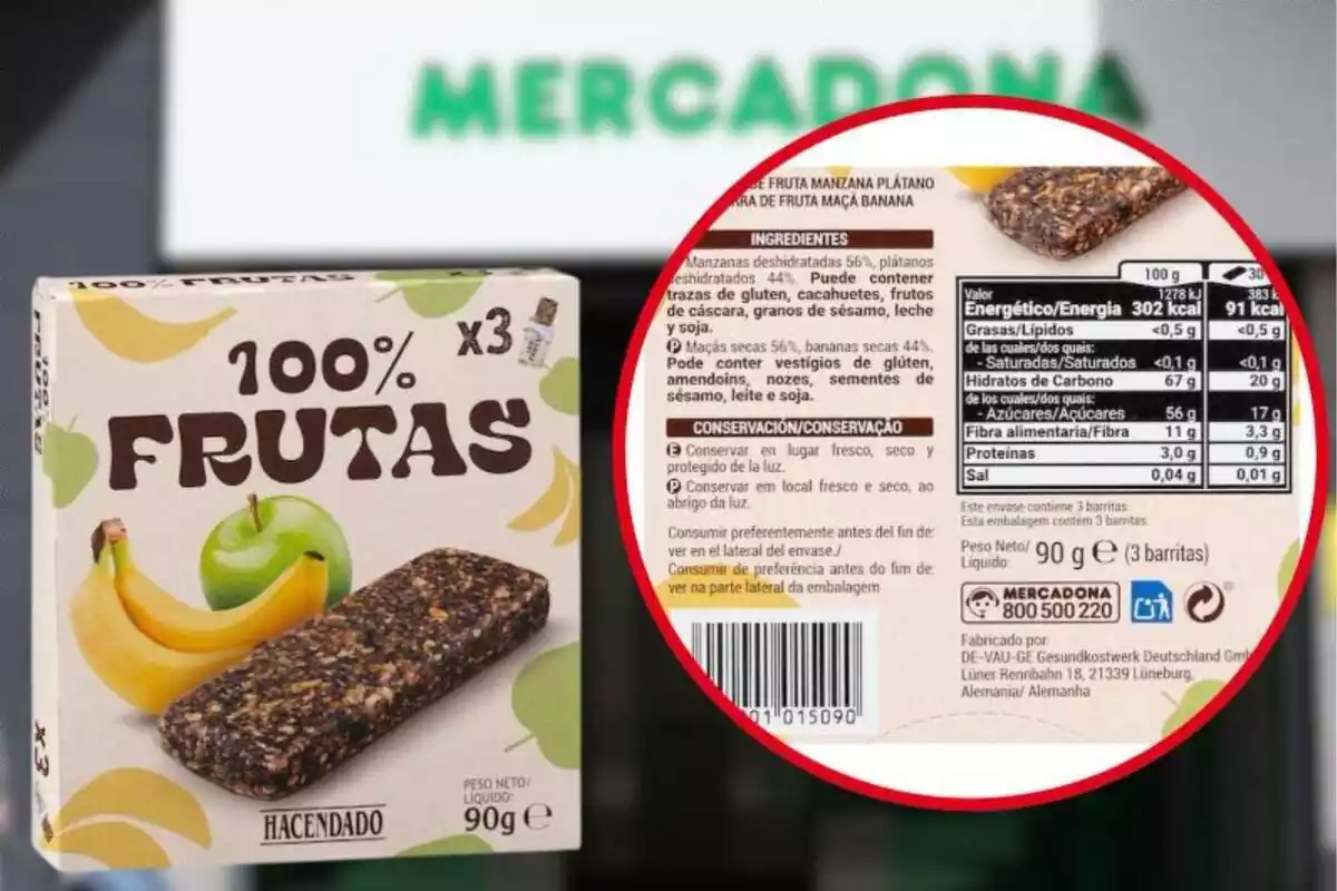 Muntatge amb una imatge de fons d'una botiga Mercadona i dues més de la caixa de les barretes de fruita Hacendado, una d'elles amb els ingredients i valor nutricional