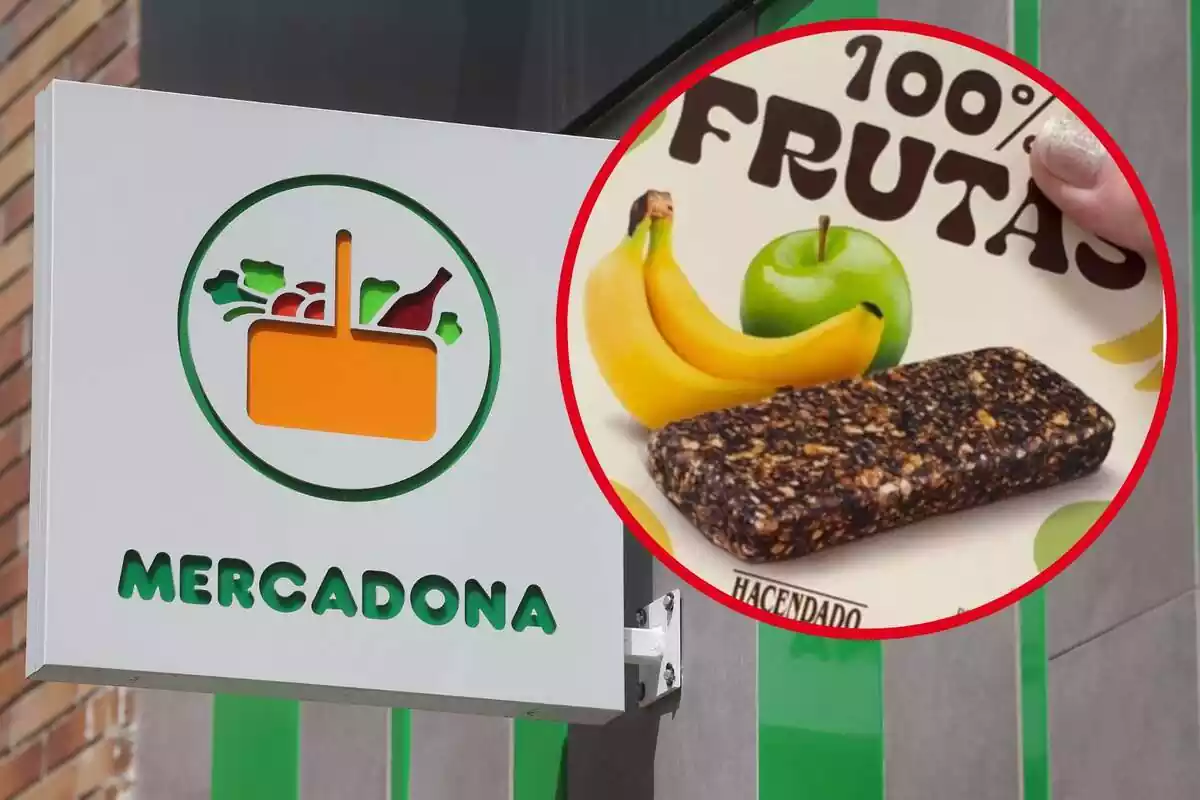Imatge de fons d´un logotip d´una botiga Mercadona i una altra de la caixa d´un producte Hacendado, un snack en barreta de fruites