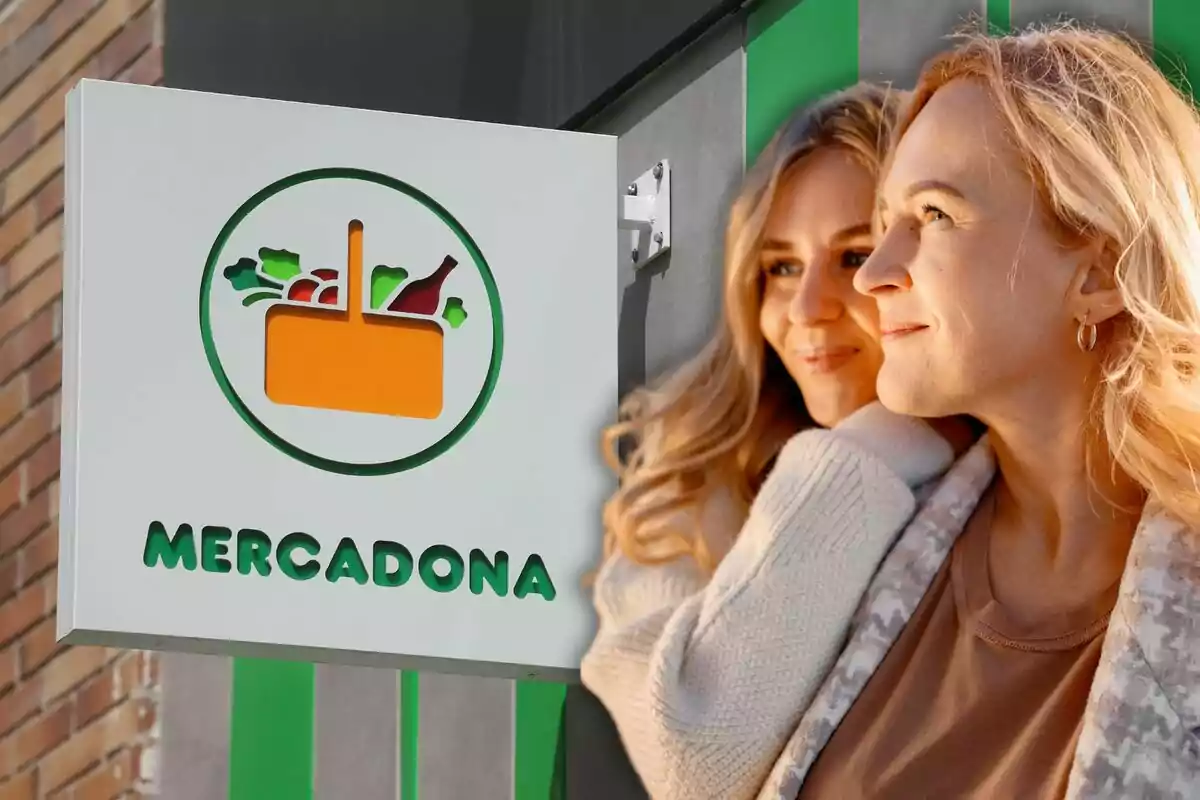 Un rètol de Mercadona amb un logotip de cistell de la compra i dues persones somrient al costat.