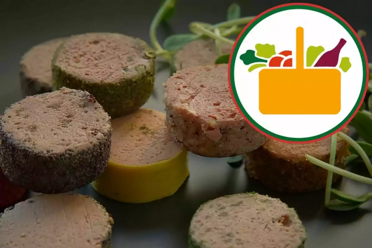 Varias rodajas de paté de diferentes sabores con un logotipo de cesta de alimentos en la esquina. Varias rodajas de paté de diferentes sabores con un logotipo de cesta de alimentos en la esquina.