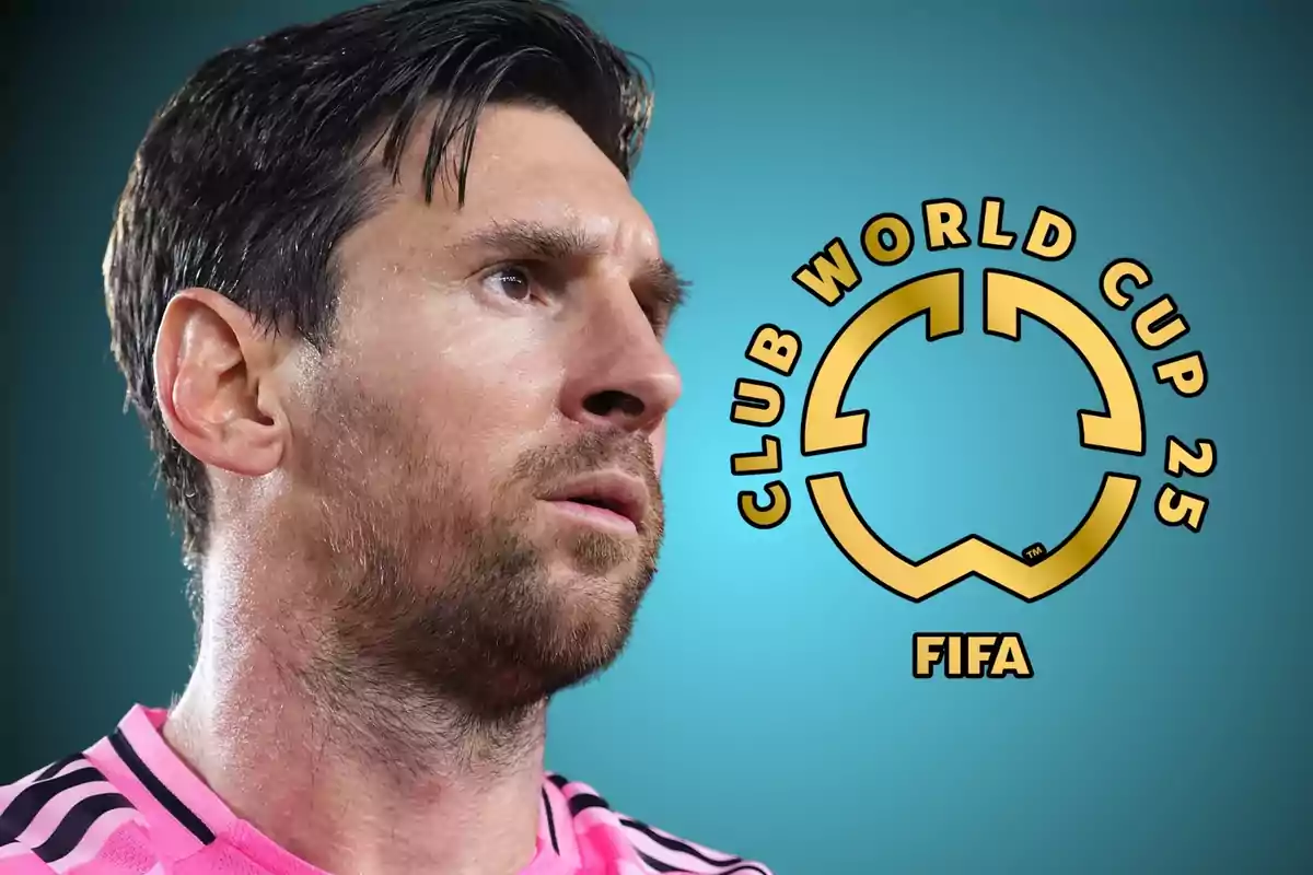 Soccer player in a pink jersey next to the golden FIFA Club World Cup 2025 logo on a blue background